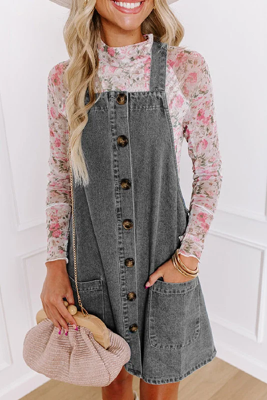 Mini dresses with cold - shoulder designs Medium Grey Wide Strap Button Front Pocketed Denim Mini Dress