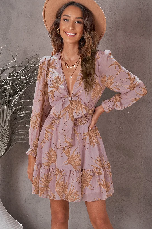  Floral Deep V Flounce Sleeve Mini Dress