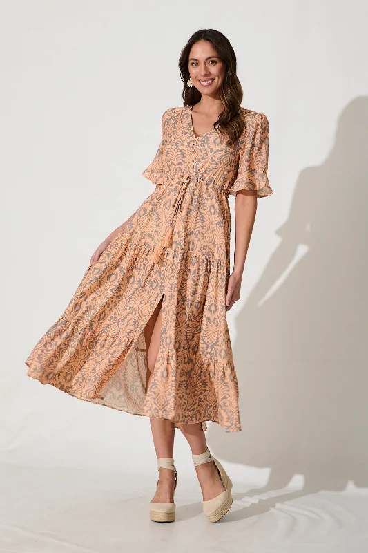 Everyday Dress with Embroidered Bodice for a Decorative Look​ Imara Midi Dress in Orange and Grey Print Cotton Blend