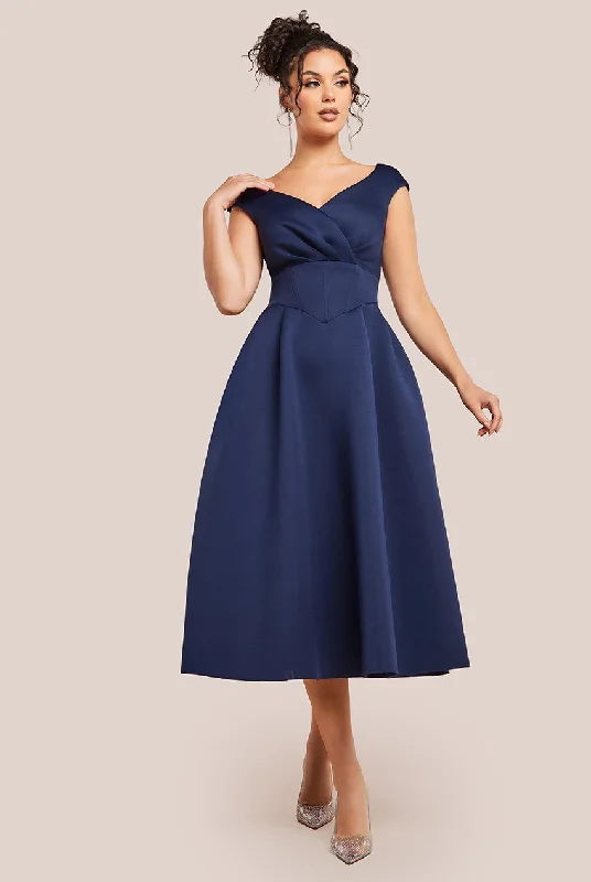Midi dresses with wrap - around skirts for a customizable fit Goddiva Corset Fit & Flare Midi Dress - Navy Midi dresses with wrap - around skirts for a customizable fit Goddiva Corset Fit & Flare Midi Dress - Navy