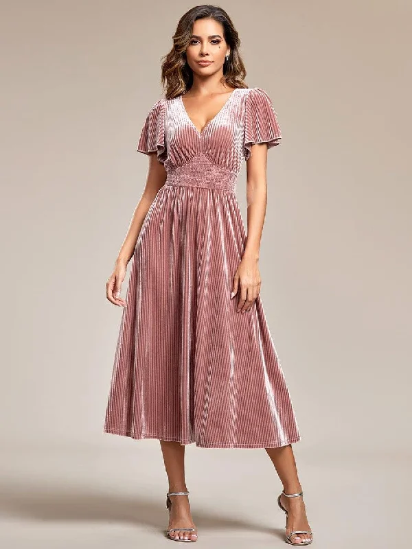 Ruffled wedding dresses with a cascading effect​ Velvet - trimmed wedding guest dresses in burgundy for a formal event ever AZALEA|Graceful V-Neck Waist Design Short Sleeves Fall Velvet Midi Bridesmaid Dress