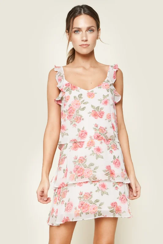 Mini dresses with geometric prints for a modern aesthetic Garden Of Roses Floral Print Tiered Ruffle Mini Dress