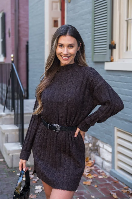 Lace - Trimmed Casual Dresses for a Delicate Touch​ Brown Mock Neck Sweater Dress - FINAL SALE