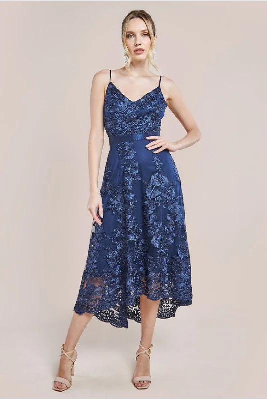 Midi dresses with sheer panels for a touch of allure Goddiva Dipped Hem Sleeveless Lace Midi - Navy