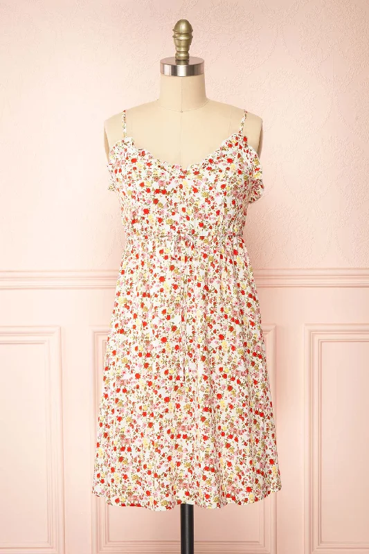 Mini dresses with keyhole necklines Piana Red | Short Floral Dress