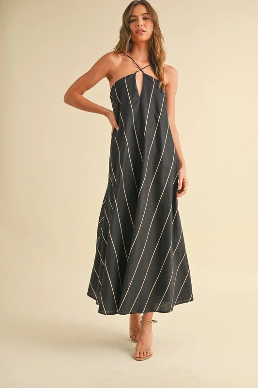 Washable Casual Dresses for Convenient Cleaning​ Aubrey Sleeveless Adjustable Tie Stripe Print Maxi Dress Black
