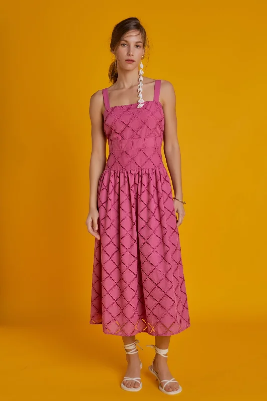 Argyle - Printed Casual Dresses in Pastel Hues​ Embroidered Lace Sleeveless Midi Dress