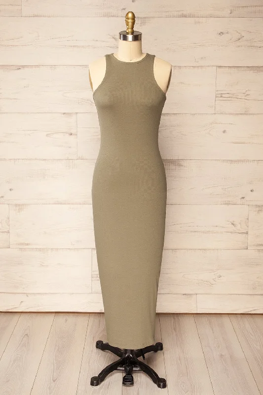 Mini dresses with pocket details for added functionality Daegu Khaki | Long Fitted Ribbed Dress
