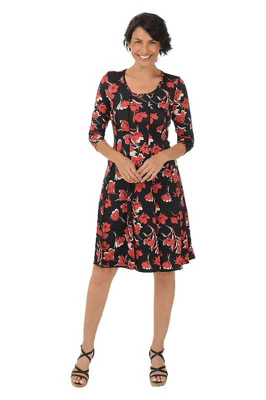 Pleated Casual Dresses for a Structured Look​ Red Poppies Seamed 3/4 Sleeve Dress