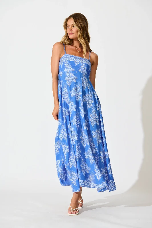  Willa Maxi Sundress In Blue with White Floral