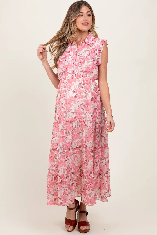 Maternity dress for a baby's first visit to the concert Pink Floral Print Chiffon Tiered Maternity Maxi Dress