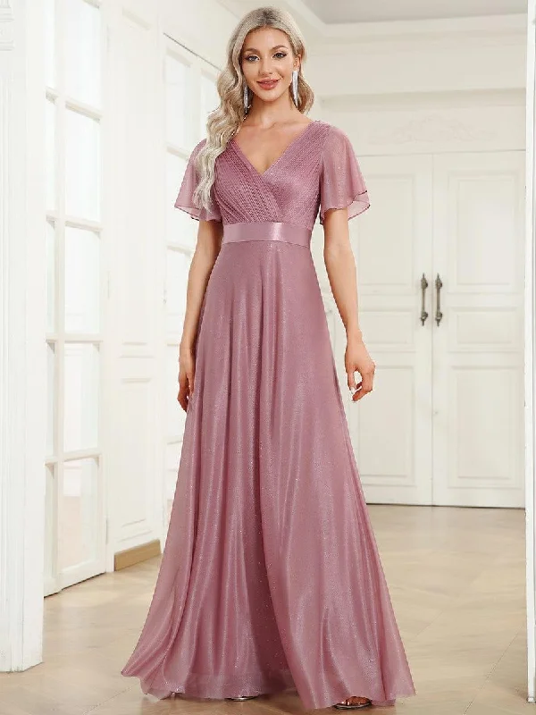 Two - piece wedding dresses with a crop top​ Metallic wedding guest dresses for a glamorous wedding ever LIORÉ|Sparkling Short Sleeve V-Neck Ribbon Waist A-Line Bridesmaid Dress