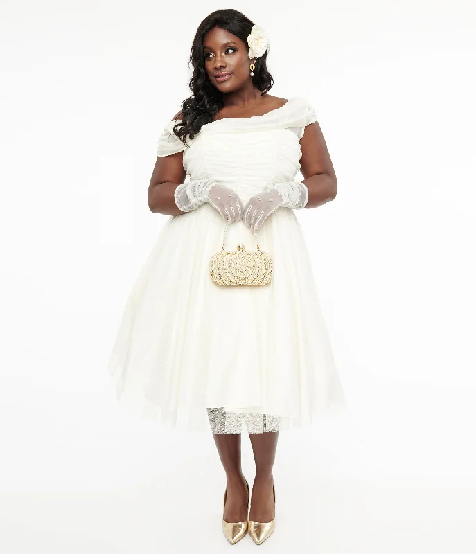  Unique Vintage Plus Size 1950s Ivory Clip Dot Off The Shoulder Cocktail Dress