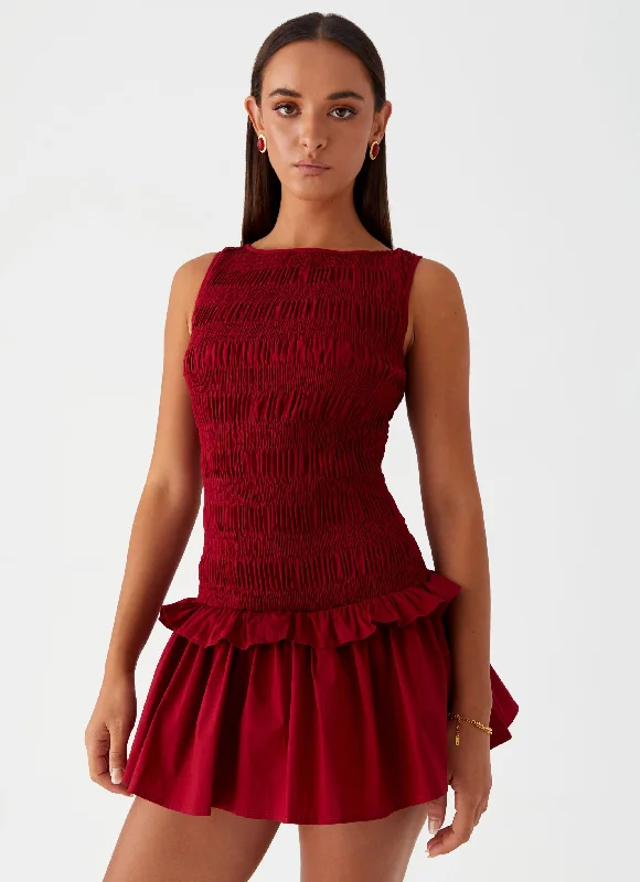 Everyday Dress with Bishop Sleeves for a Victorian - inspired Look​ Garden Kisses Shirred Mini Dress - Maroon