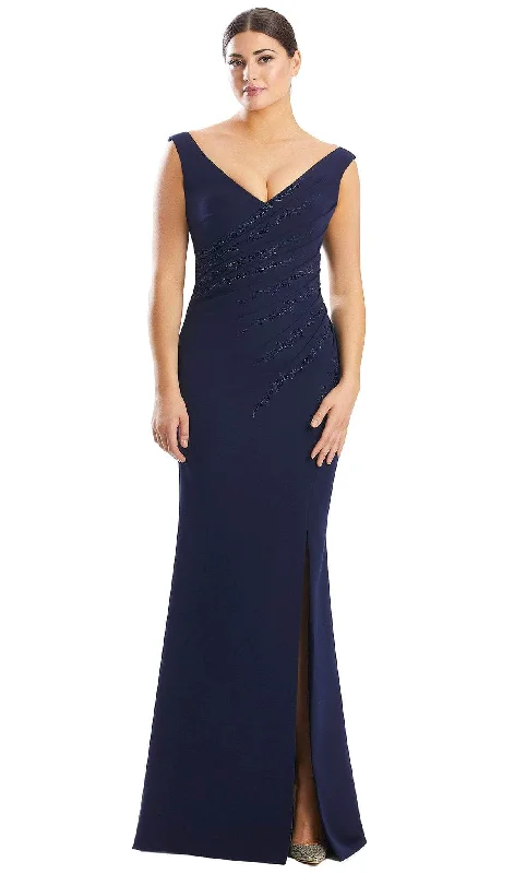 Wedding dresses with a lace - trimmed veil attachment​ Asymmetric - hem wedding guest dresses in metallic hues Alexander by Daymor 1757S23 - V-Neck Formal Dress