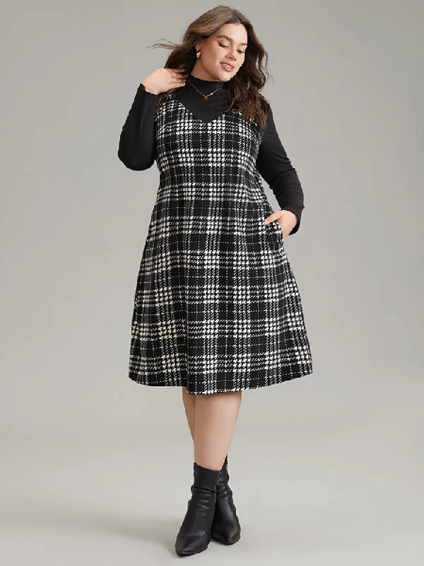 Everyday Dress with Sleeve Cuffs with Buttons for a Neat Finish​ Corduroy Plaid Pocket Cami Dress