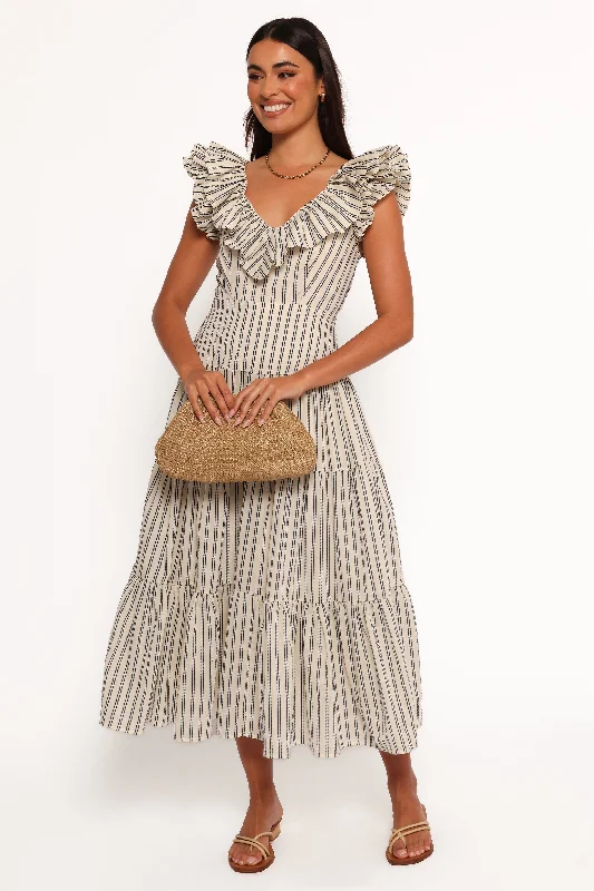 Plaid midi dresses for a fall - themed family gathering Bobbie Midi Dress - Neutral Stripe