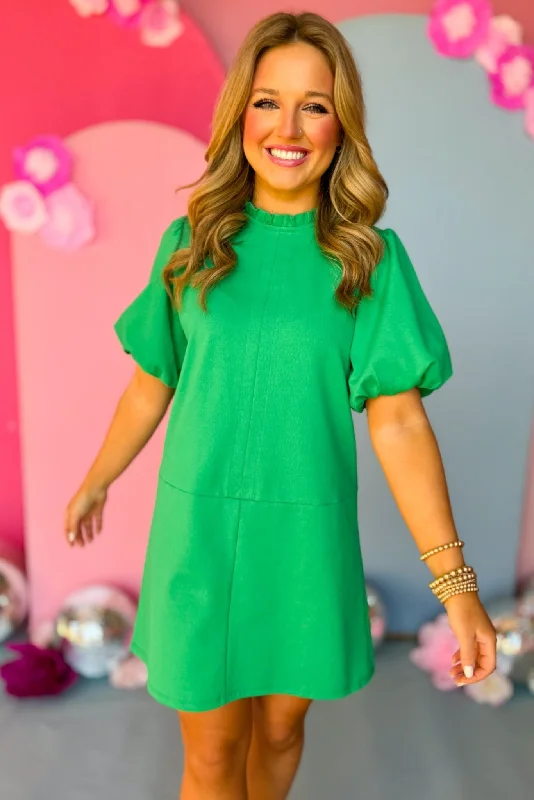 Mini dresses with criss - cross backs for a flirty look THML Green Frilled Neck Puff Short Sleeve Dress