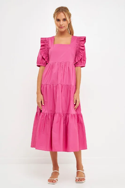Jewelry - Complementary Casual Dresses for a Complete Look​ Square Neck Ruffle Smocked Detail Midi Dress