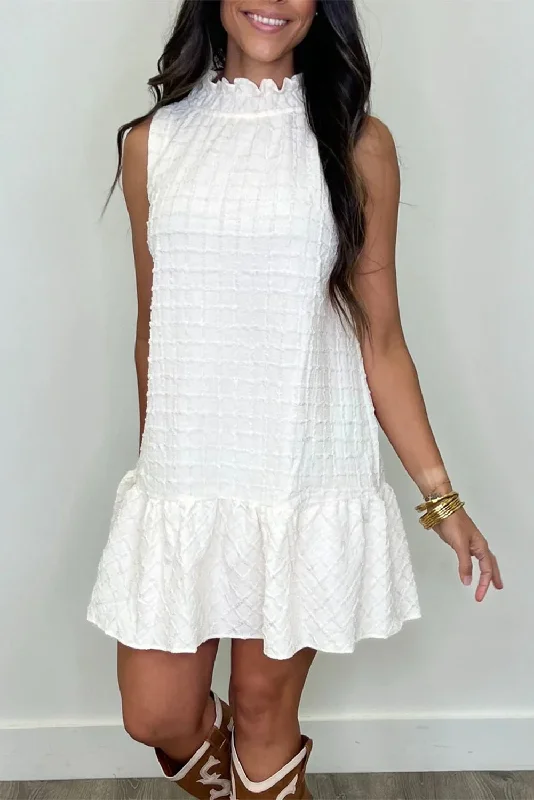 Strapless mini dresses for a beach vacation White Textured Frilled High Neck Sleeveless Ruffled Mini Dress