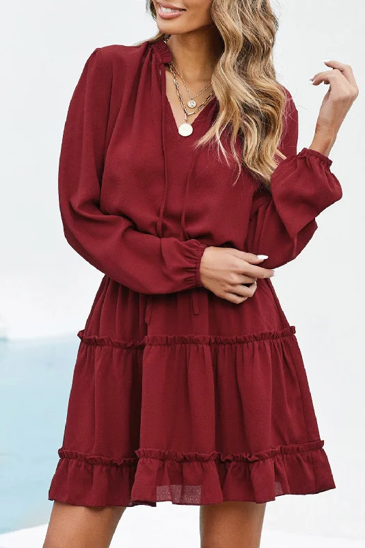 Mini dresses with polka dot patterns V Neck Long Sleeve Ruffle Tiered Mini Dress