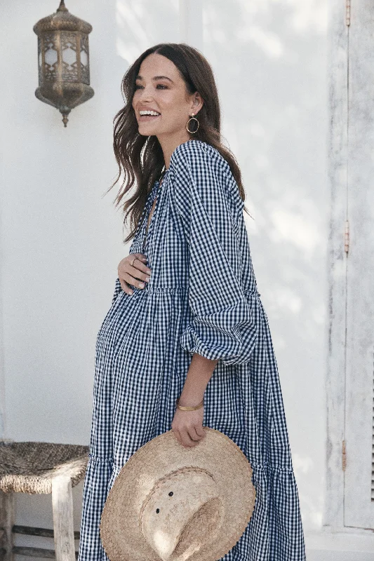 Maternity dress for a Christmas party Gidget Dress (Navy Gingham)