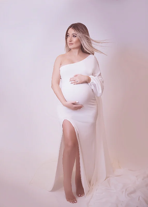 Maternity dress for a winter wonderland event One Shoulder Maternity Gown