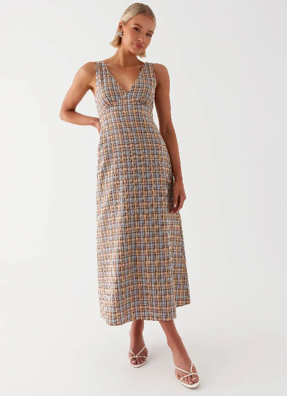 Everyday Dress with Pleated Bodice for a Structured Look​ Daphny Gathered Bust Midi Dress - Check