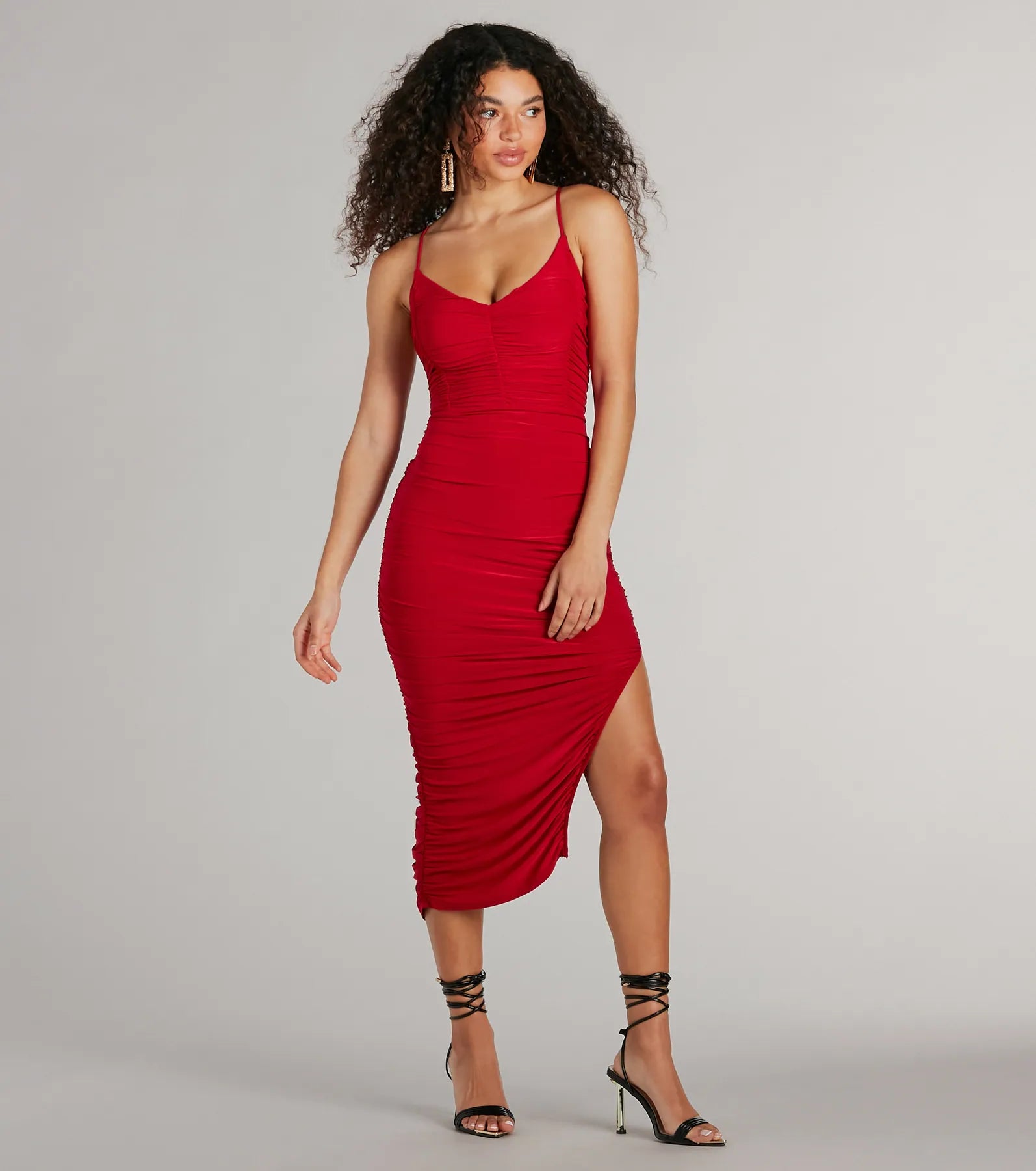 Midi dresses with button - down skirts for a unique and functional design Sultry Status High Slit Ruched Bodycon Midi Dress