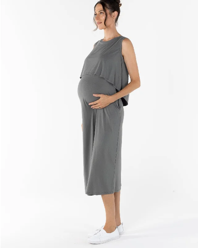 Maternity dress for a baby's first visit to the botanic garden Manon Maternity & Breastfeeding Midi Dress in Slate Grey