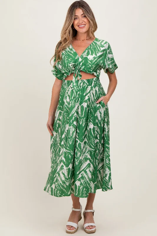 Maternity dress for a spring flower show Green Brushstroke Print Cutout Maternity Midi Dress