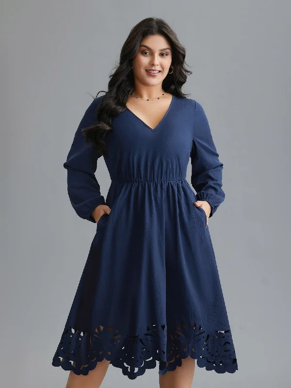 Everyday Dress with Anti - allergenic Material for Sensitive Skin​ Laser Cut Elastic Waist Pocketed Midi Dress