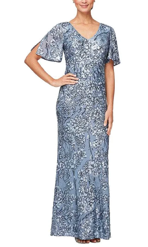 Boho - inspired wedding dresses with floral embroidery​ Wedding guest dresses with empire waists and tulle skirts Alex Evenings - 8196611 Flutter Sleeves Sequined Long Gown