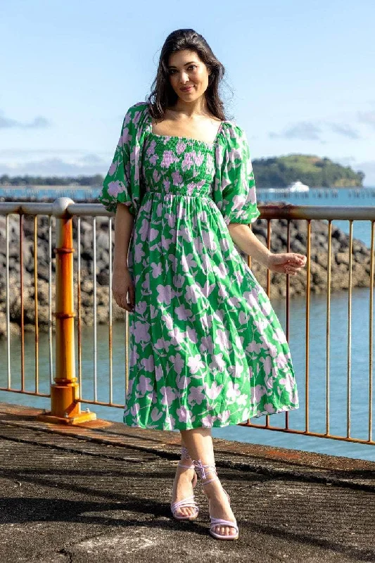 Midi dresses with button - down skirts for a unique and functional design Ella Dress Green Floral Midi dresses with button - down skirts for a unique and functional design Ella Dress Green Floral