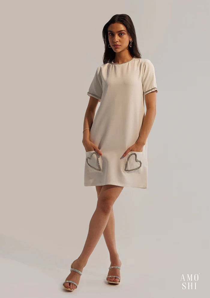 Everyday A - line Dress with Button - down Front​ Women's Relaxed fit  Dress with Handmade Pocket Heart details