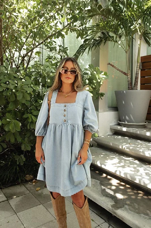 Boho Style Casual Dresses with Fringe Details​ Denim Button Detail Babydoll Mini Dress