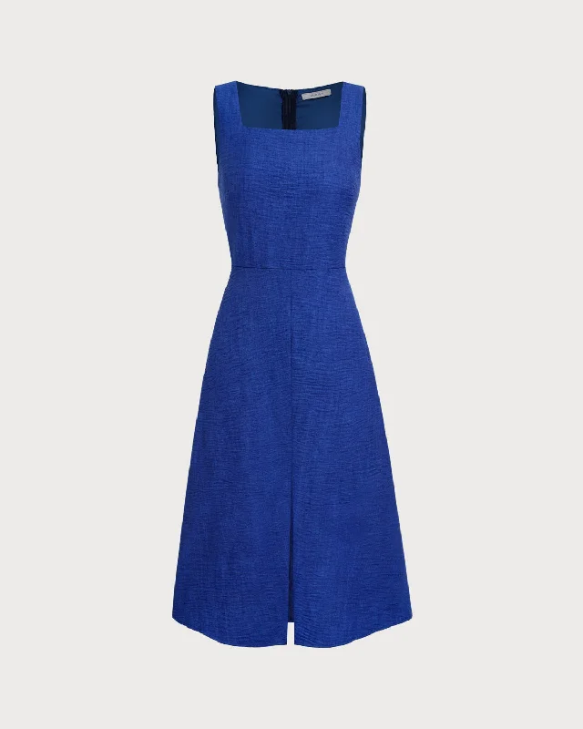 Midi dresses with satin - finish fabrics for a luxurious feel Blue Square Neck Pleated Sleeveless Midi Dress