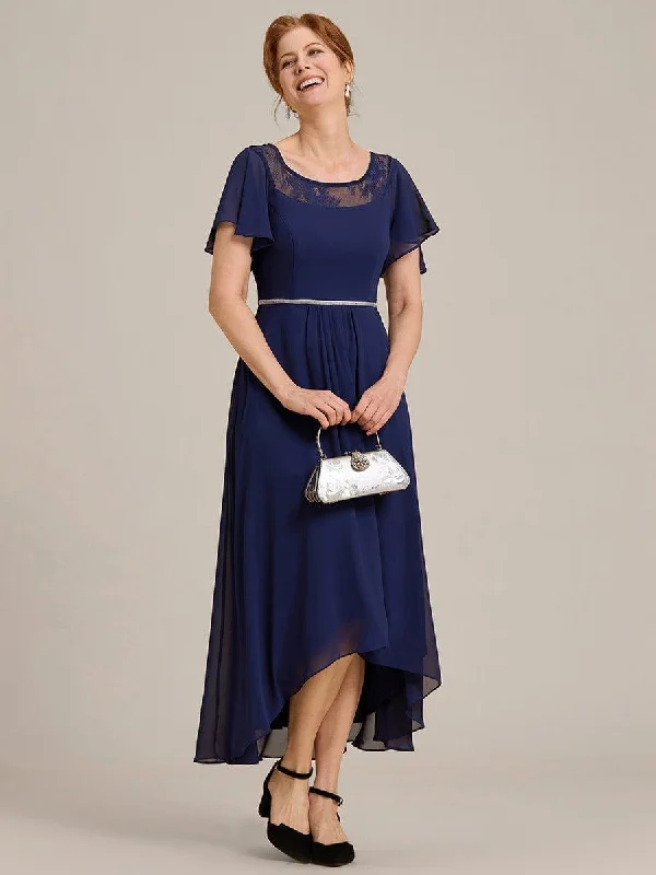 A - line chiffon wedding dresses for a classic look​ Sheath - style wedding guest dresses with lace overlays Chiffon Ruffle Sleeves Asymmetrical Hem Mother of the Bride Dress