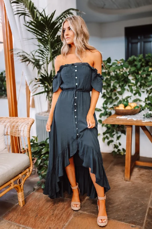Satin Casual Dresses with a Shiny Finish​ Navy High Low Dress: Off The Shoulder Button Down Maxi