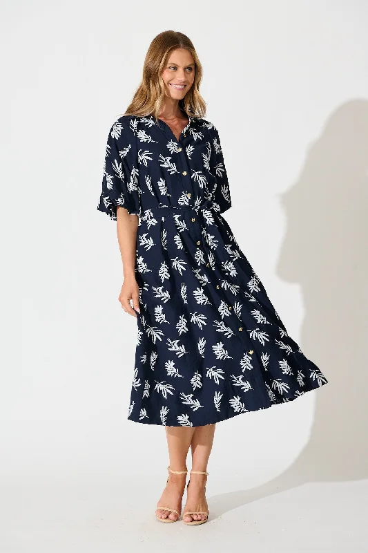 Midi dresses with cold - shoulder cutouts for a trendy style Jasmine Midi Shirt Dress in Navy with White Leaf