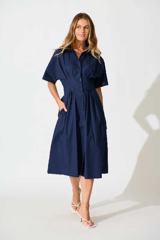  Alani Midi Shirt Dress in Navy Cotton