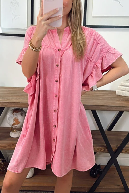 Mini dresses with gathered skirts for a voluminous effect Pink Ruffled Short Sleeve Buttoned Denim Mini Dress