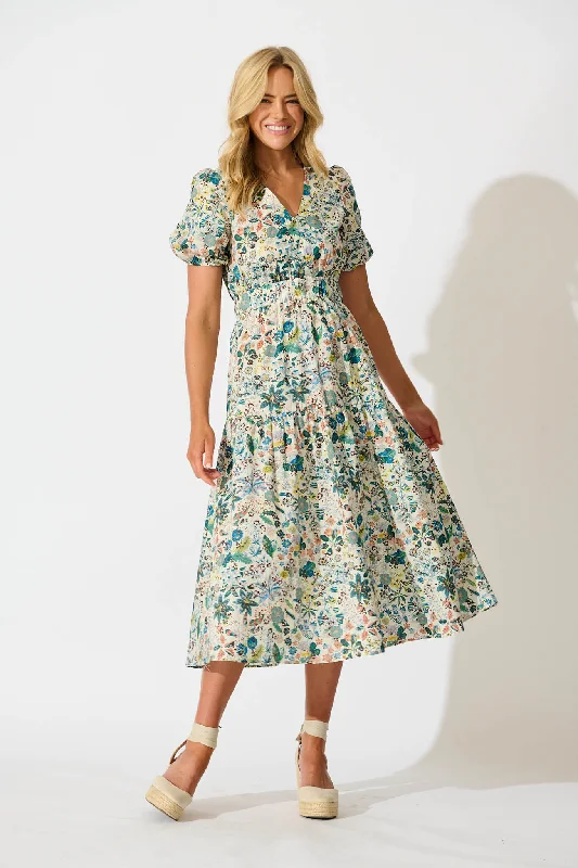 Everyday Dress with Tiered Skirt for a Voluminous Look​ Eyes On You Midi Dress in Multi Floral Cotton