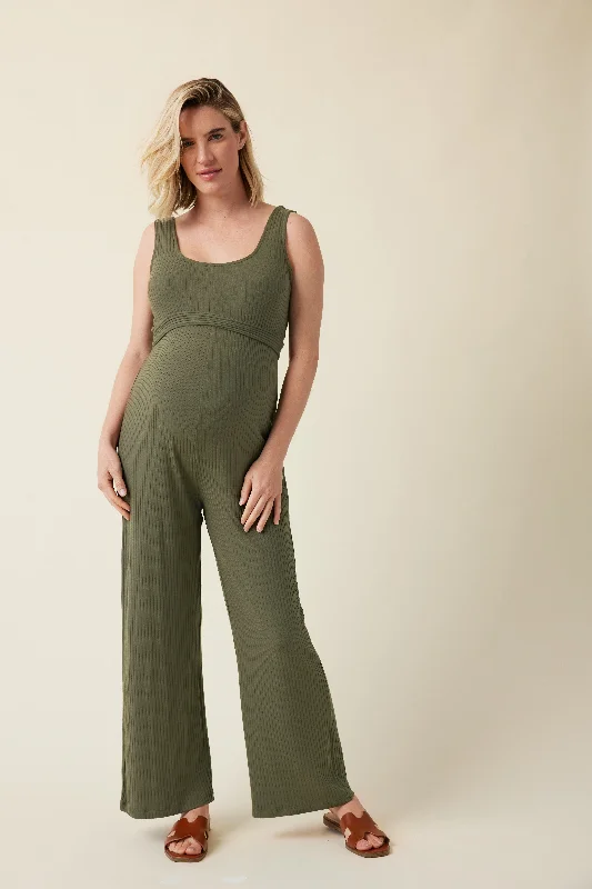 Maternity dress for a baby's first visit to the community garden Ripe Maternity Bobby Rib Knit Olive Jumpsuit