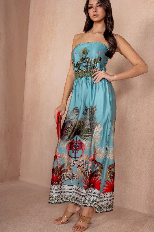 A - line midi dresses with floral prints for spring brunches AX Paris Phyllis Duck Egg Safari Satin Dress