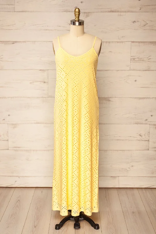 Mini dresses with asymmetric hems for a fashion - forward look Miraflores Yellow | Straight Cut Maxi Dress w/ Openwork