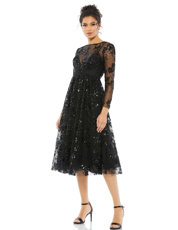 Empire waist wedding dresses with beaded bodices​ Wrap - style wedding guest dresses with bow accents Mac Duggal 67951 Long Sleeve Floral Cocktail Dress