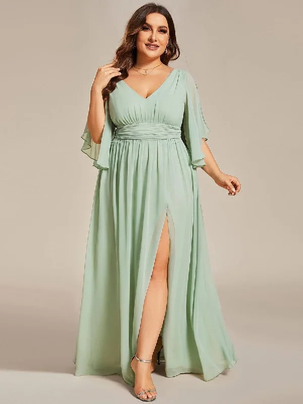Sleeveless wedding dresses with a beaded belt​ Wedding guest dresses with ruched bodices and spaghetti straps pretty ELYAN|Plus Size Half Sleeve Pleated A-Line V-Neck Chiffon Bridesmaid Dress