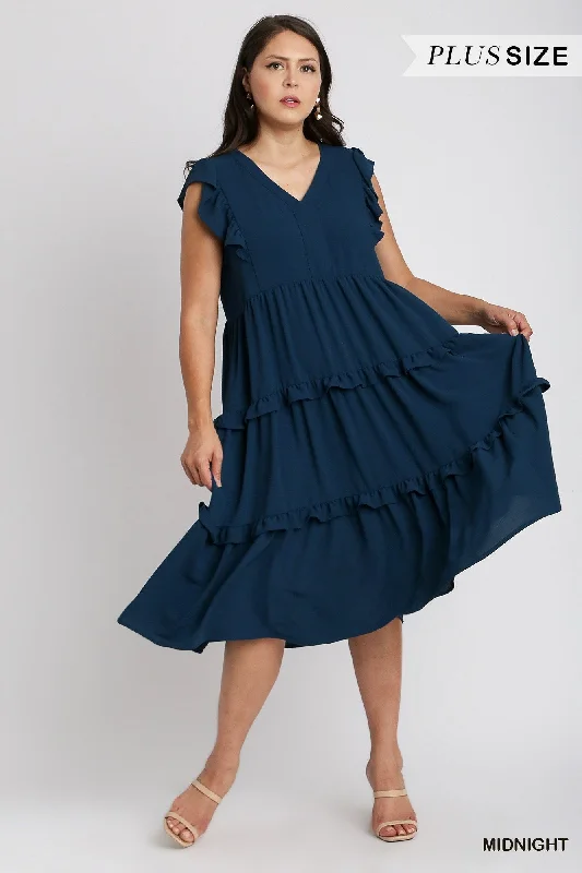 Quick - Dry Casual Dresses for Travel and Outdoor Use​ Ruffle Tiered Midi Dress with Flutter Sleeves in Plus Size by Umgee Clothing