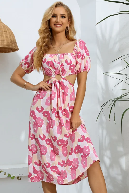  Floral Cutout Square Neck Puff Sleeve Dress